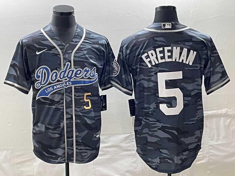 Men's Los Angeles Dodgers #5 Freddie Freeman Number Gray Camo Cool Base With Patch Stitched Baseball Jersey